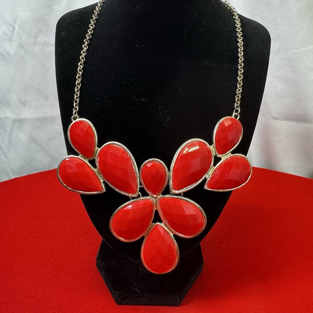 Jane Stone Chunky Red And Silver Tone Bib‎ Necklace